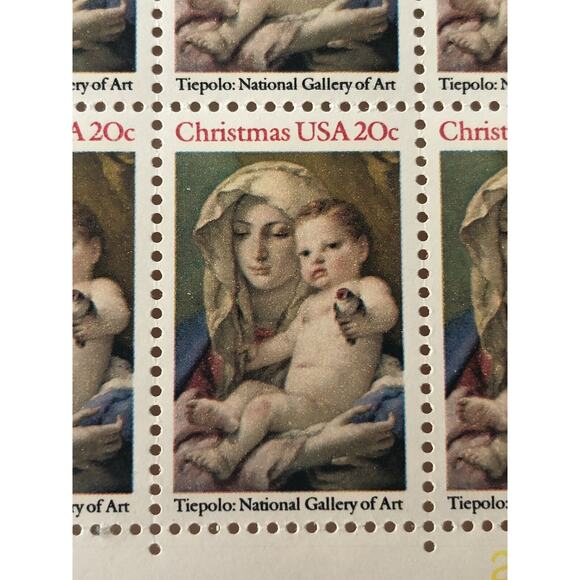 Vintage 1982 USPS Block of 20 Mr Zip 20c MNH Christmas Madonna & Child Tiepolo - Picture 6 of 6